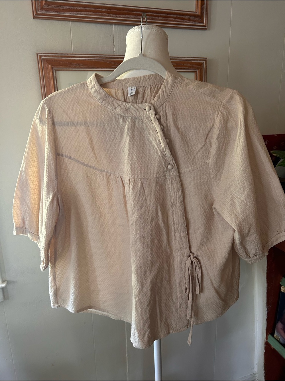Rui RuiMianMa Large Cotton-Muslin Textured Wrap Blouse Beige Peasant Boho Top